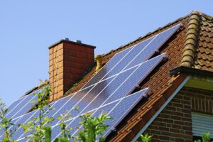 Germany, North Rhine-Westphalia, Minden, Roof with photovoltaic installation